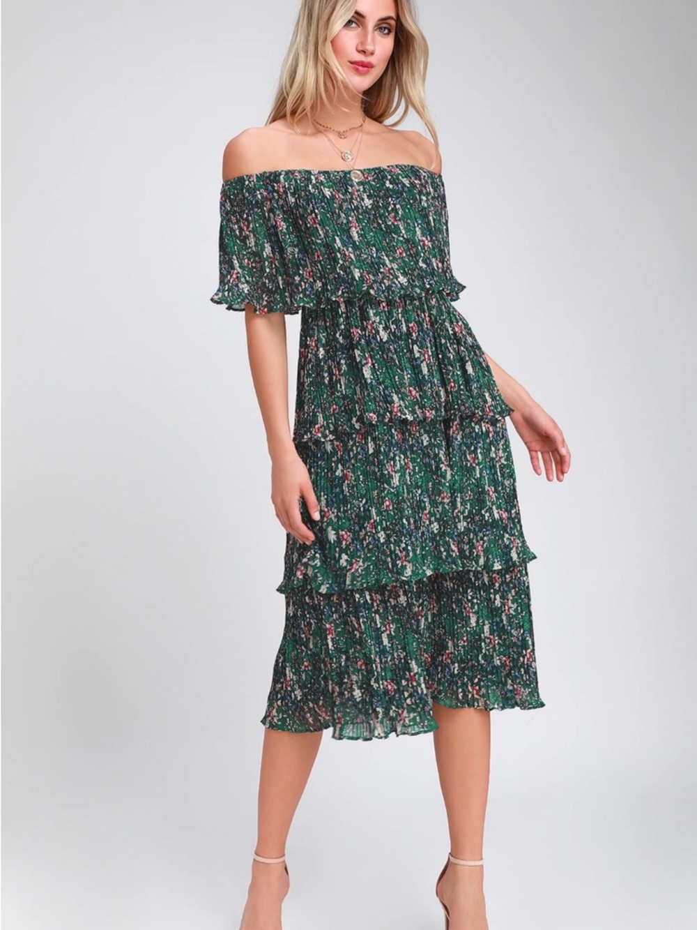 Lulu's Forest Green Floral Off-Shoulder Tiered Midi Dress